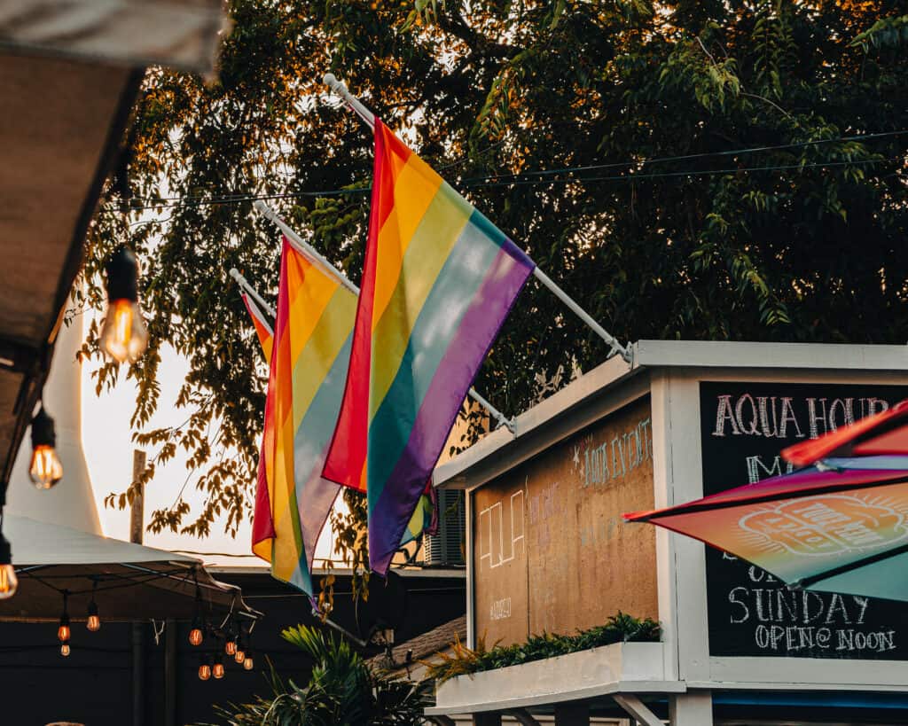 Colorful gay Pride flags waving in the breeze on the streets of Rehoboth Beach, symbolizing LGBTQ+ inclusivity and celebration.