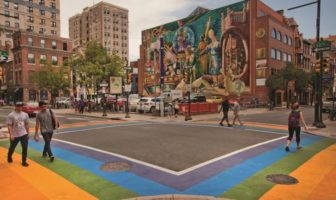 A rainbow-painted intersection in Philadelphia's Gayborhood.