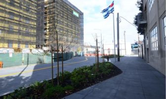 One of the heart plaques embedded in the sidewalk of Eagle Plaza recognizes the friends group that is helping with the project. Photo: Matthew S. Bajko