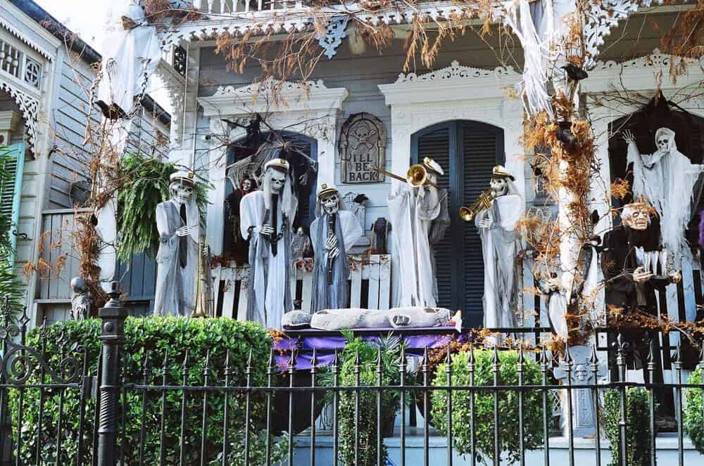 Halloween decorations adorning a house in haunted New Orleans, showcasing the city's spooky spirit