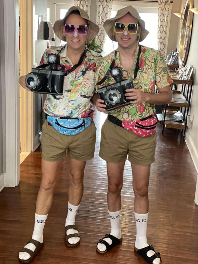 two guys dressed as tourist for a travel-inspired Halloween costume