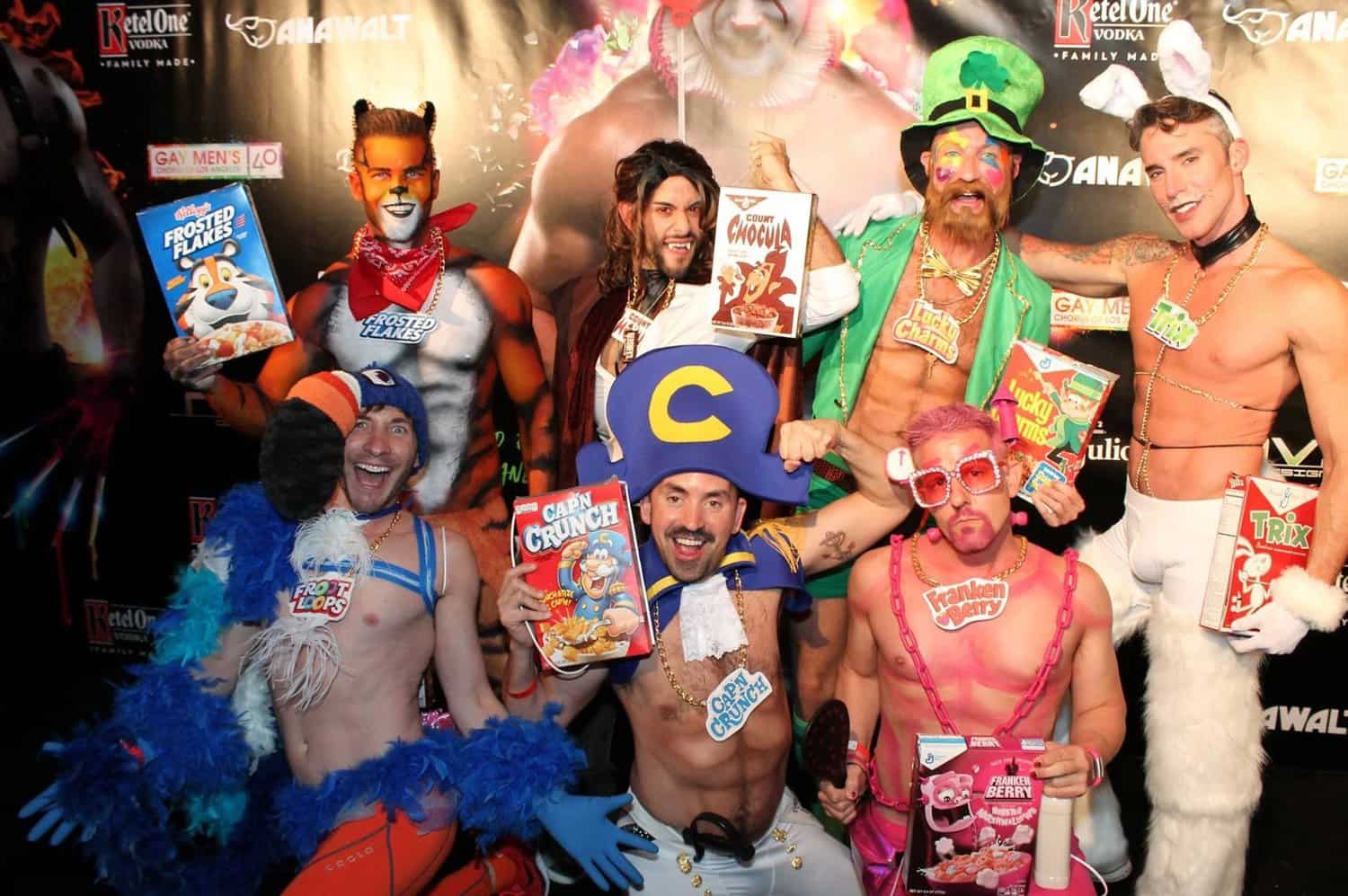 Group of guys dressed as cereal mascots for Halloweenie a top LGBTQ+ event in LA