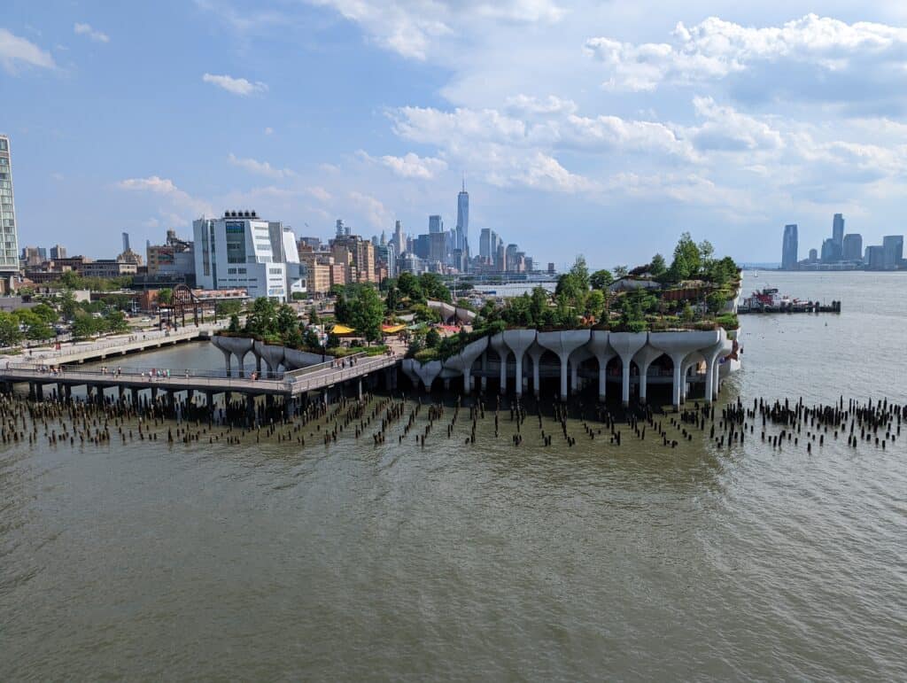 Shot of wood pilings in Hudson River at pier 55