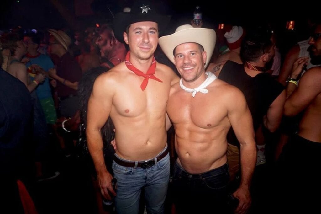 two shirtless guys wearing cowboy hats and jeans for a travel-inspired Halloween costume