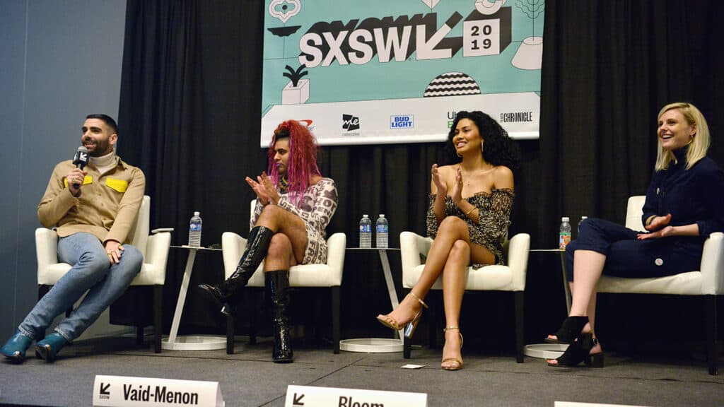 LGBTQ+ group speaking onstage during 'The Future is Fluid: How Gender and Sexuality Has Changed' session at the 2019 SXSW Conference, exploring contemporary perspectives on gender and sexuality.