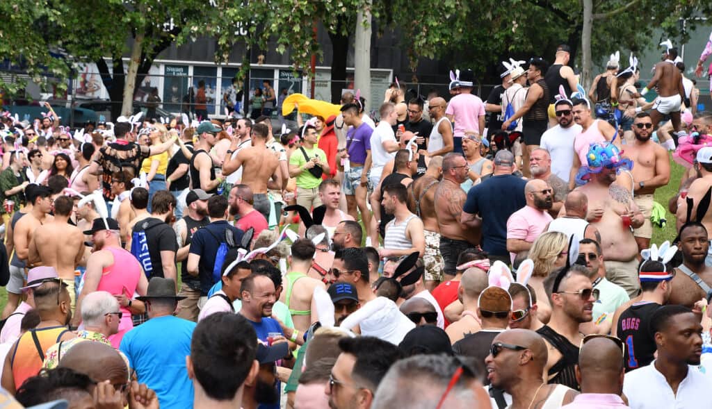 Group of revelers celebrating at Bunnies on the Bayou event in Houston, Texas, a popular LGBTQ+ Easter celebration and gay-friendly destination.