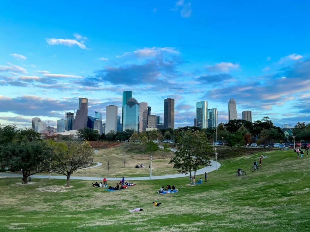 Houston skyline, a scenic view of the city's skyline featuring skyscrapers and urban landmarks.