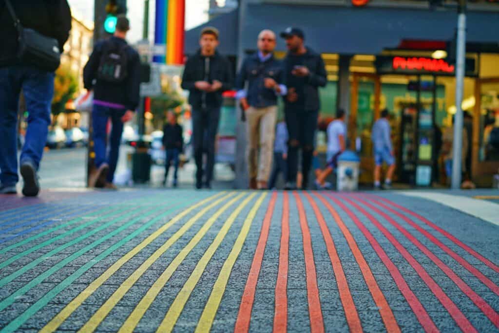 Rainbow crosswalk in the Castro neighborhood of San Francisco, a symbol of LGBTQ+ pride and inclusivity.