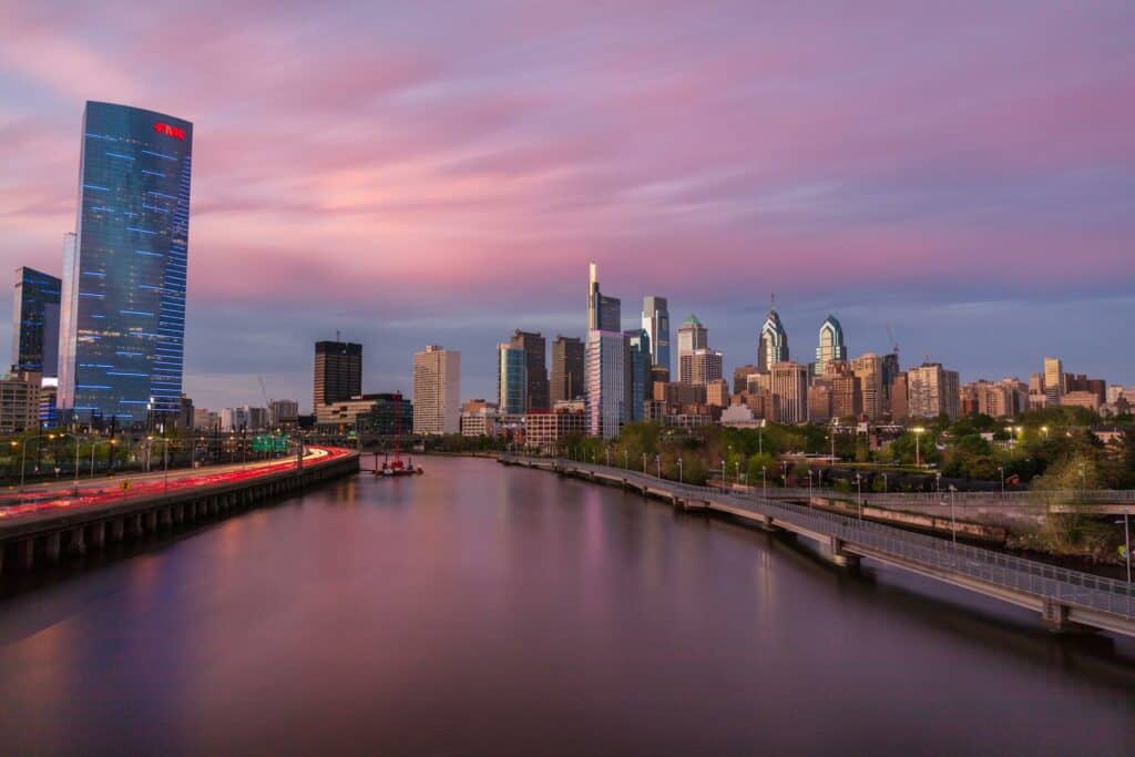 Philadelphia skyline, showcasing the city's iconic architecture and urban landscape. Explore historic landmarks on your spring road trip.