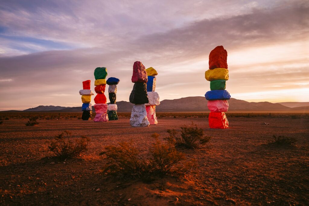Seven Magic Mountains art installation near Las Vegas, NV, USA. Explore vibrant colors and contemporary art on your spring road trip.