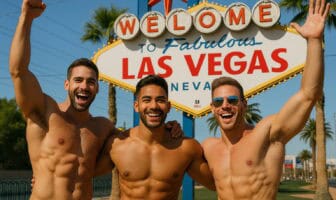 Three shirtless, muscular men pose joyfully in front of the Las Vegas sign, celebrating with raised arms—capturing the vibrant, inclusive spirit of Ultra Load: The Gay Village—a groundbreaking 3-day LGBTQ+ pool party in Vegas.