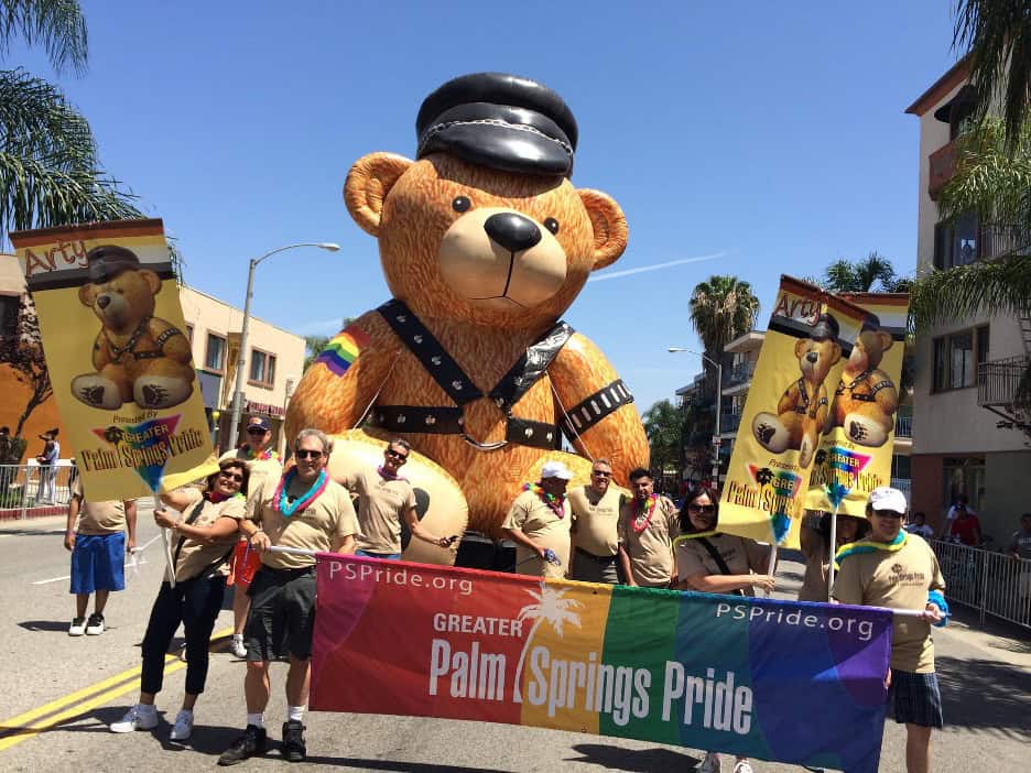 Giant teddy bear float leading the Palm Springs Pride parade, closing out the season of fall Pride events 2025.