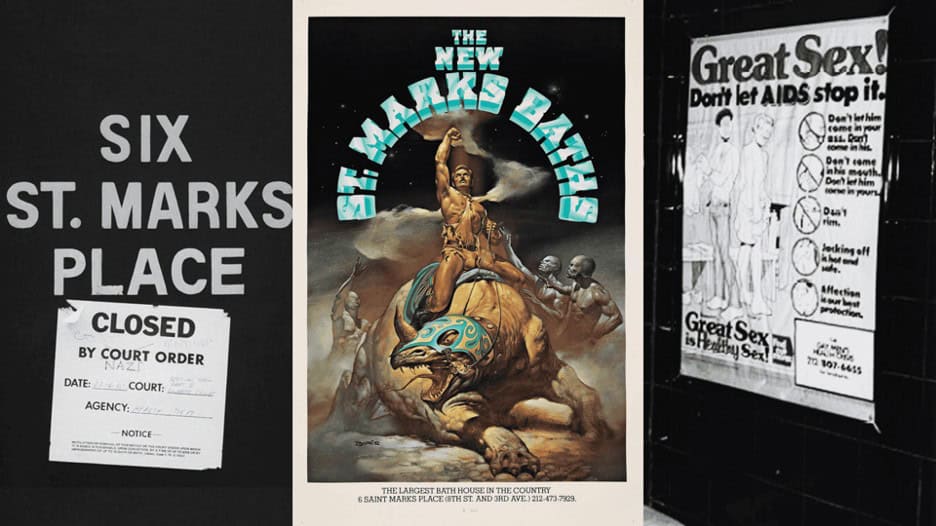 Historic posters and signage from St. Marks Baths highlight the HIV/AIDS crisis and its impact on London top gay cruising and global queer spaces.
