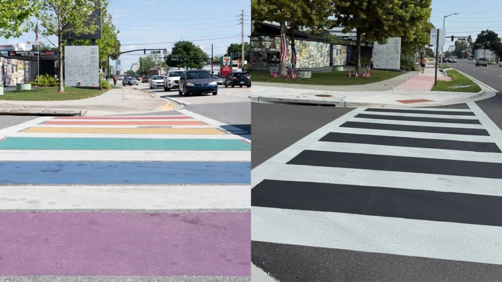 Side-by-side comparison tied to rainbow crosswalks Florida controversy, with one crosswalk painted in rainbow Pride colors and the other repainted in plain black and white stripes.