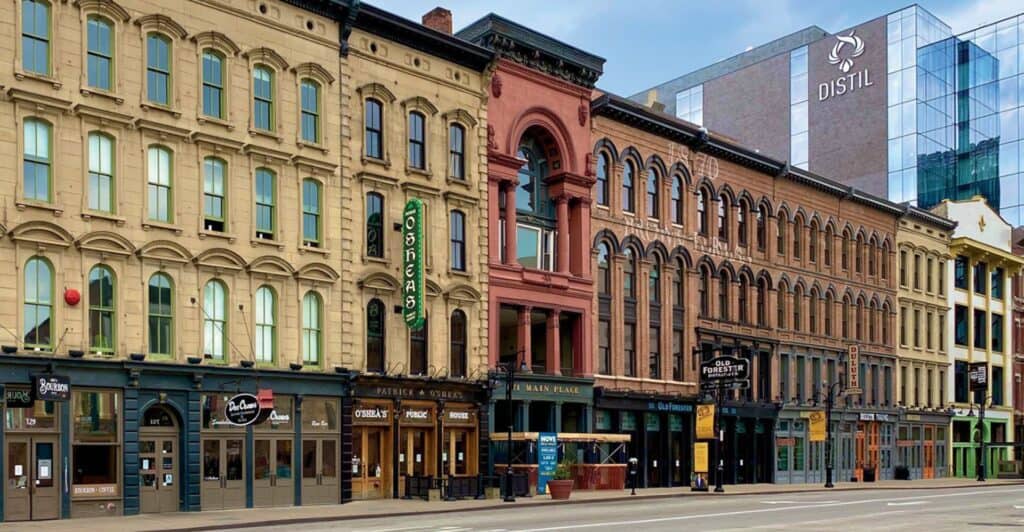 Historic Whiskey Row buildings in Louisville, Kentucky—once home to vibrant queer nightlife and part of Hidden LGBTQ+ History USA.