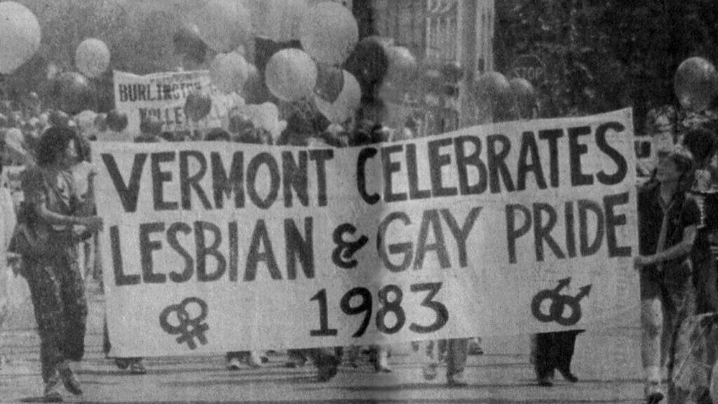 Black-and-white photo of Burlington’s first Pride Parade in 1983, where Vermonters marched for lesbian and gay rights.