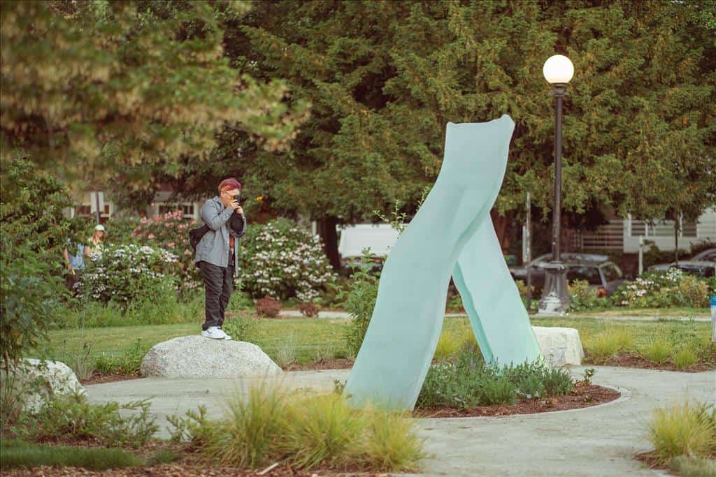 “Ribbon of Light” sculpture by Horatio Hung-Yan Law at The AMP: AIDS Memorial Pathway in Cal Anderson Park, Seattle—part of Hidden LGBTQ+ History USA.