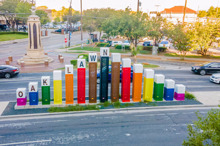 Colorful rainbow-inspired Oak Lawn neighborhood installation along Cedar Springs Road in Dallas